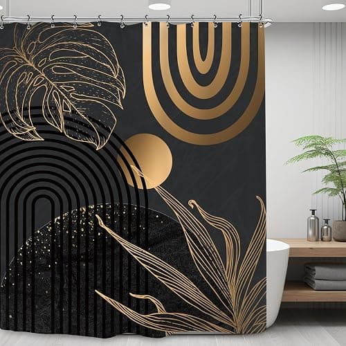 Yookeb Abstract Black Gold Minimalist Bathroom Shower Curtain 60W by 71H Inch Aesthetic Modern Contemporary Leaves Mid Century Neutral 12 Plastic Hooks Waterproof Decor thumbnail 7