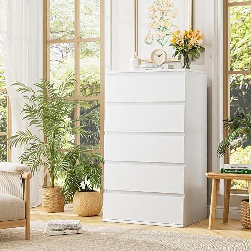 FOTOSOK White Dresser, 5 Drawer Dresser Tall White Dresser with Large Storage Space, Modern Storage Chest of Drawers, 23.6L x 17.6W x 39.1H Inch Storage Organizer Cabinet for Home, White thumbnail 8