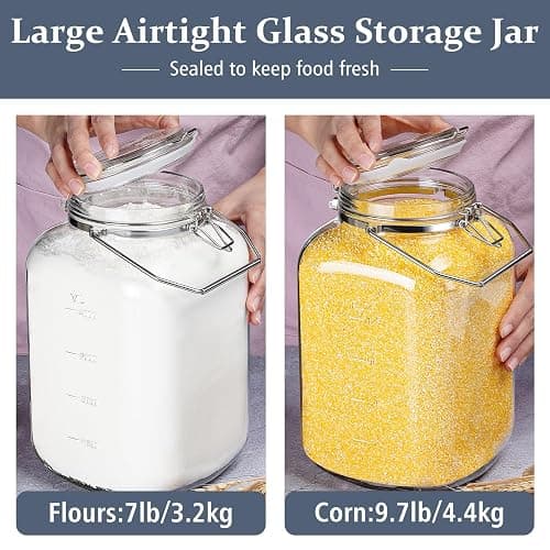 Folinstall 2 Pack 1.5 Gallon Glass Jar with Airtight Lid, 192 oz Square Wide Mouth Mason Jars with Stainless Steel Handle, Large Glass Storage Containers for Canning, Flour, Sugar, Rice, Pickled Eggs thumbnail 7