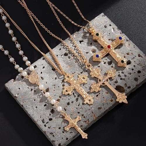 Gold Color Cross Pendant Necklace Set for Women,Dainty Big Crystal Cross Imitation pearl Layered Chain Necklace Summer Party Jewelry thumbnail 5