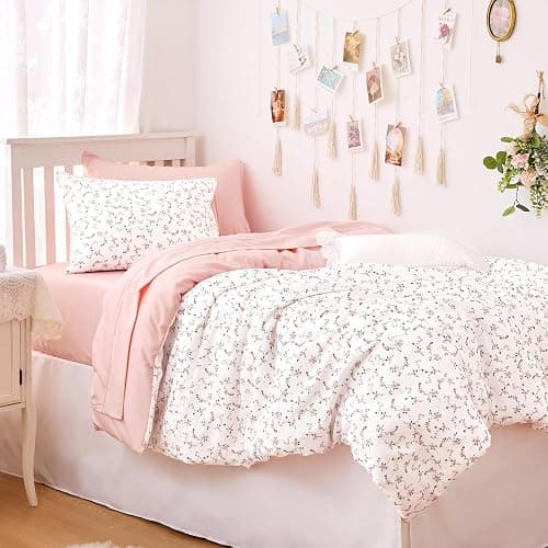 Wake In Cloud - Floral Comforter Set, Coquette Cottagecore Aesthetic Cute Flower Pattern for Women Teen Girls, Soft Lightweight Dorm Bedding, 3 Piece, Pink, Twin/Twin XL Size thumbnail 5