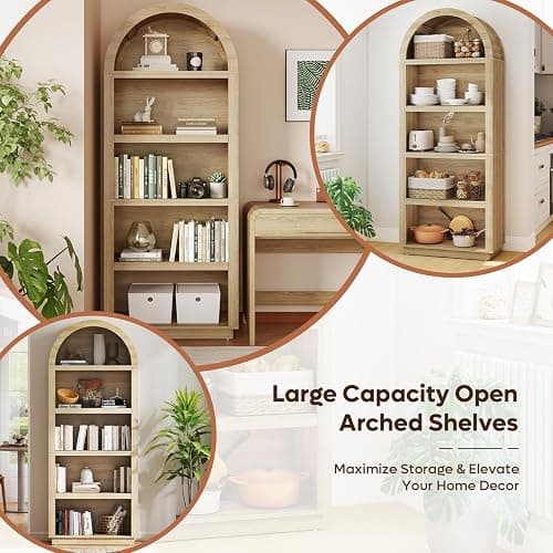 Bestier 76" Tall Arched Bookcase, 5 Tier Arched Bookshelf with Adjustable Book Shelf, Large Wood Bookshelf, Modern Farmhouse Open Display Book Case for Bedroom, Home Office,Living Room, Natural Oak thumbnail 8