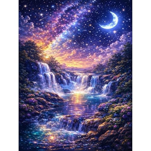 IOHEFY Diamond Painting Kits for Adults 12x16 Inch Starry Night Waterfall Galaxy Fantasy Full Drill Acrylic Rhinestone DIY Art Moon Mystical Landscape Women Beginner Wall Decor Birthday Gift - Image 1