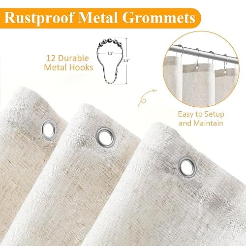 Naturoom Natural Linen Shower Curtain, Country Boho Farmhouse Bath Decor Beige Shower Curtains for Bathroom Neutral Cloth Weighted Textured Fabric Bath Curtain Liner with Hooks, Cream, 72 Inch thumbnail 8