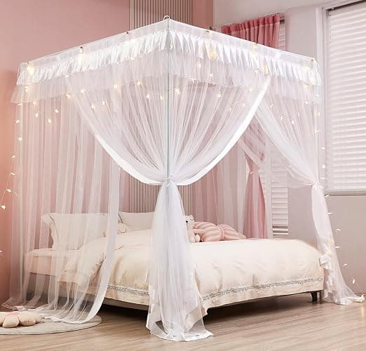 Mengersi Princess 4 Corners Post Bed Curtain Canopy Mosquito Netting (White, Twin) - Image 1