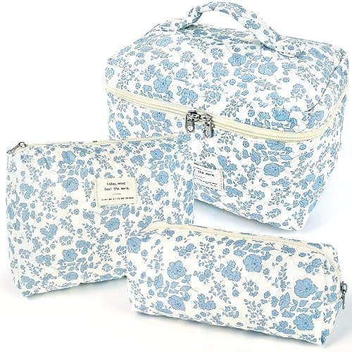 TOPALL Makeup Bag,Cosmetic Bag,Floral Cotton Quilted Makeup Bag,Classic Toiletry Bag,Cosmetic Pouch,Makeup Bag for Women Girls,Light Blue Flower - Image 1