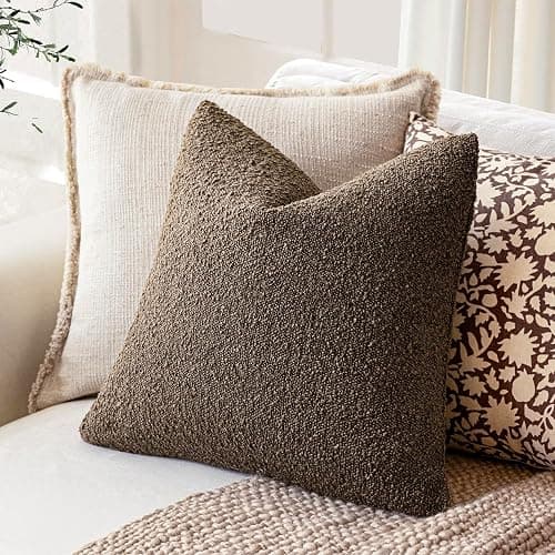 Foindtower Pack of 2 Textured Boucle Throw Pillow Covers Accent Solid Decorative Pillow Cases Cozy Woven Couch Cushion Case for Chair Sofa Bedroom Living Room Home Decor 20x20 Inch Light Brown thumbnail 6