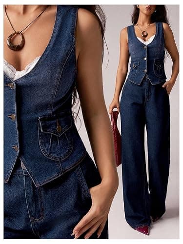 SHENHE Women's Western Denim Vest V Neck Button Down Y2k Jean Jacket Waistcoat with Pockets thumbnail 4