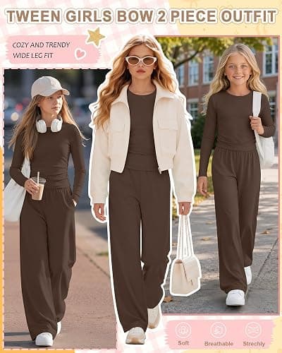 Custoneei Girls' 2 Piece Outfits 5-14Y Cute Sets | Tween Girls Casual Cute Sets, Teens Sweat Suits, Kid Long Sleeve Crew Neck Bow Top, Wide Leg Pants, Lightweight Fall Winter thumbnail 2