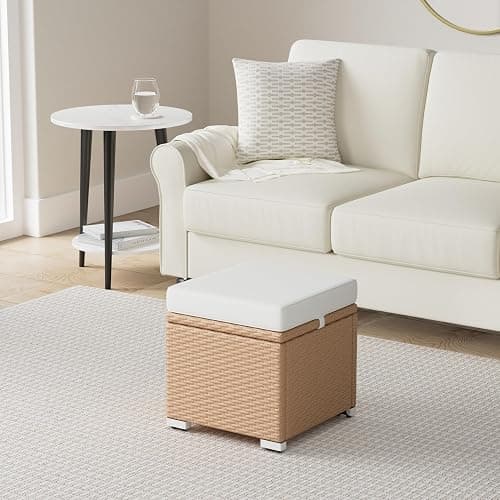 Best Choice Products Set of 2 Wicker Ottomans, Multipurpose Outdoor Furniture for Patio, Backyard, Additional Seating, Footrest, Side Table w/Storage, Removable Cushions - Natural/Ivory thumbnail 2