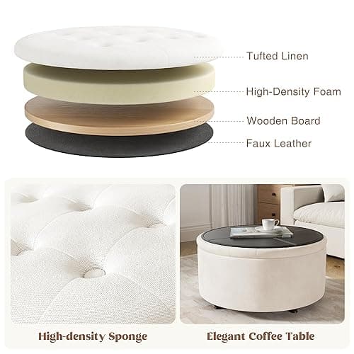 YUUIJOAA 30 Inch Round Storage Ottoman,Modern Tufted Ottomans,Circular Coffee Table with Removable Top,Upholstered Large Ottoman with Storage Footrest Stool for Bedroom Living Room (White) - White thumbnail 6