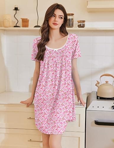 Ekouaer Nightgowns for Women Pleated Sleep Shirts Short Sleeve Night Shirts Lace Trim Night Gown Ladies Sleep Dress thumbnail 2