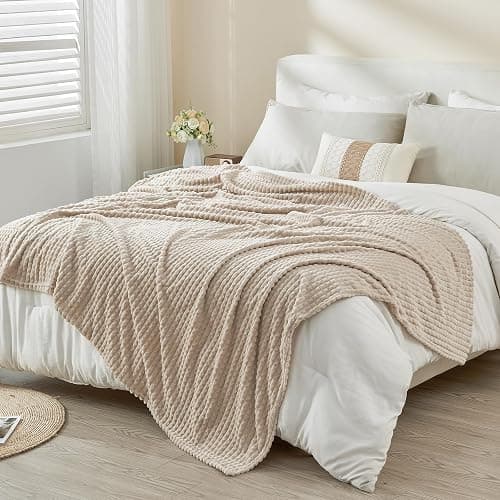 EMME Fleece Throw Blanket for Sofa, Soft, Fluffy, 3D Touch Experience, Warm Cozy Throw, Versatile Single Flannel Blanket for Bed, Couch, Sofa, Armchairs, OEKO-TEX (Beige, 130x150cm) thumbnail 4