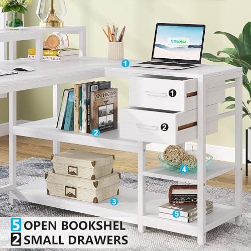 Tribesigns 55-inches Reversible L Shaped Desk with Drawer, Modern White L Corner Desk Home Office Table with Storage Shelves and Monitor Stand, Wooden and Metal PC Desk for Small Space thumbnail 7