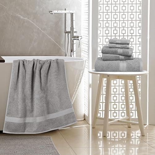 Amazon Basics 6 Piece Oversized Fade resistant Towel set, 100% Cotton towels for bathroom, soft and absorbent, 2 Bath Towels, 2 Hand Towels and 2 Washcloths bathroom towel set, Gray thumbnail 2