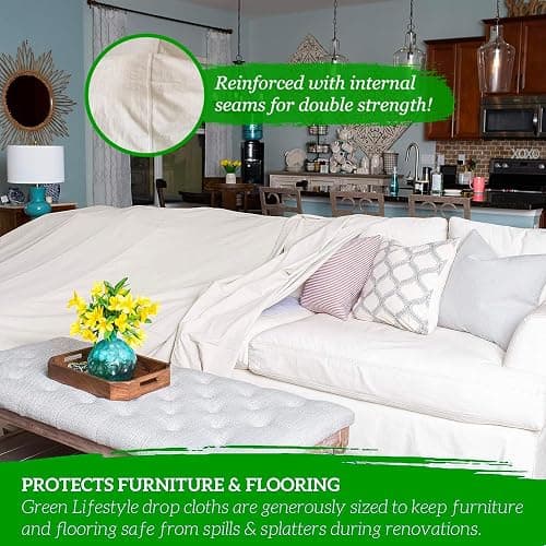 GREEN LIFESTYLE All Purpose Canvas Drop Cloths - Drop Cloth for Painting, Floor Cover, Heavy Duty Protection for Furniture & Surfaces, Reusable Painters Canvas Tarp for Renovation & Home (4x12) thumbnail 3