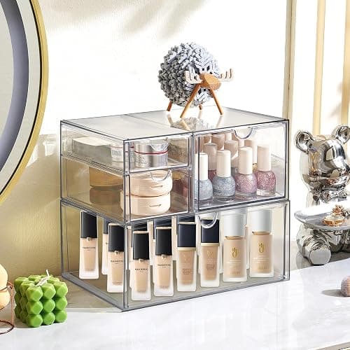 Prsildan Acrylic Drawer Makeup Organizer with 4 Drawers, Set of 2 Office Desk Organizers Accessories, Clear Stackable Storage Drawers for Vanity, Countertop, Craft, Jewelry, Art Supply Organization thumbnail 2