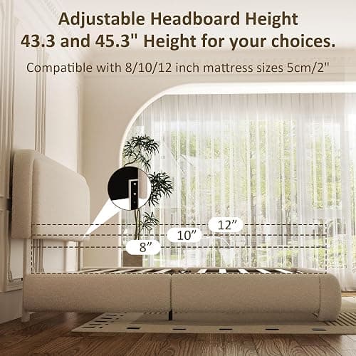 Konprosp Full Bed Frame, Teddy Velvet Boucle Bed Frame with 43.3"/45.3" Adjustable Upholstered Headboard, Rounded Corners, Mattress Foundation, No Box Spring Required, Beige thumbnail 8