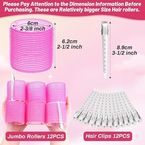 Jumbo Hair Rollers Set - 24 Pieces with 12 Large Rollers and 12 Clips for Voluminous Long Thick Hair (Hot Pink) thumbnail 3
