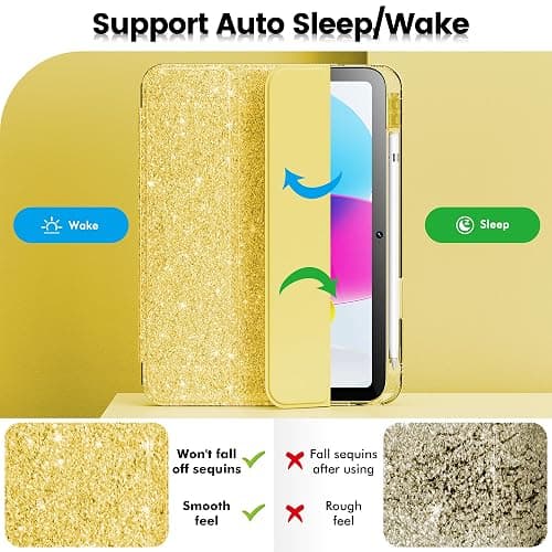 INFILAND Compatible with iPad A16 11th Generation 11 Inch 2025 Case, iPad Case 10th Generation 10.9 Inch, Glitter Cover with Sparkly Clear Back, Pencil Holder, for Kids Girls (Golden Yellow) thumbnail 6