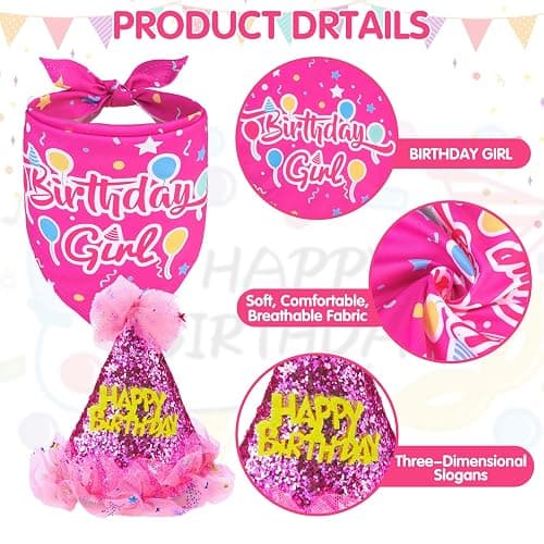SCENEREAL Dog Birthday Bandana with Hat and Dress Girl Set, Large Dog Birthday Party Supplies, Cute Tutu Skirt Outfit for Medium Big Dogs, Rose Red XL thumbnail 6