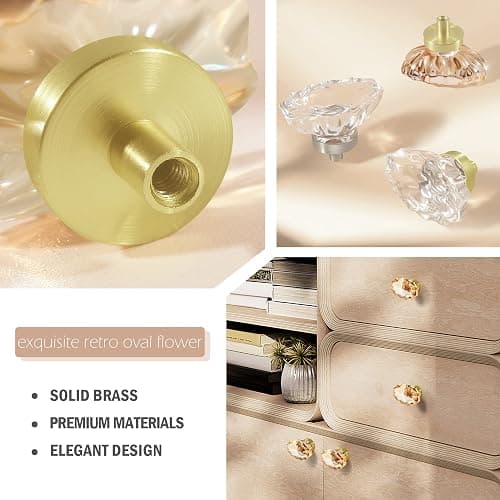 SHINY HANDLES 4 Pack Glass Cabinet Knobs and Pulls,Oval Champagne Crystal Knobs for Dresser Drawer with Satin Brass/Brushed Gold Base - 4 Pack (45mm) - Champagne Crystal and Satin Brass Base thumbnail 5