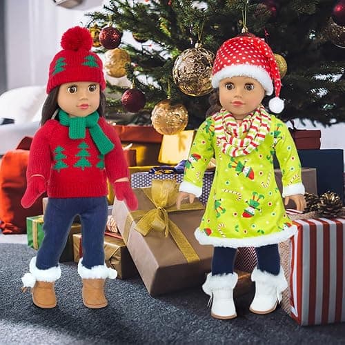 UNICORN ELEMENT 2 Sets Christmas Doll Clothes and Accessories Fit 18 Inch Girl Doll Christmas Santa Costume Including Christmas Dress, Sweater, Hairpin, Hat, Scarf, Boots, etc thumbnail 2