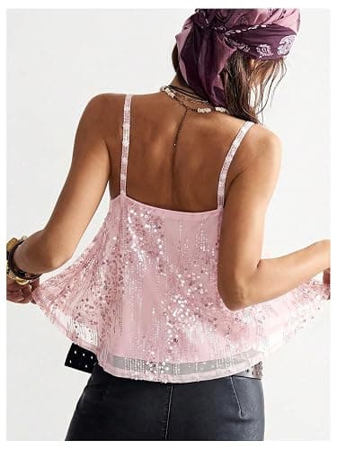 Verdusa Women's Y2K Sequin Mesh Babydoll Tops Sleeveless Backless Flowy Camisole Tops Club Outfits thumbnail 2