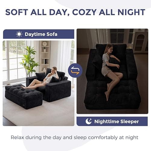 MAXYOYO Oversized Chaise Lounge Sofa, Upholstered Lounge Chair with 3 Pillows, Tufted Boneless Sofa Couch with Ottoman, Deep Seat Sleeper Chair for Living Room, Bedroom, No Assembly, Black thumbnail 4