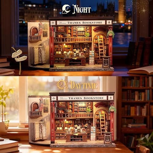 CUTEBEE Book Nook Kit - British Bookstore Magic DIY Miniature House Dollhouse Kit for Adults, Library Booknook Bookshelf Decor 3D Wooden Puzzle, Gifts for Family, Friends(Thames Bookstore) thumbnail 5