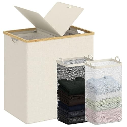 efluky Laundry Hamper with Lid, Double Laundry Basket with 2 Removable Bags, 2 Section Laundry Bin with Bamboo Handles for Bathroom, Bedroom & Laundry Room, 140L (36.9 Gallon) Beige - Image 1