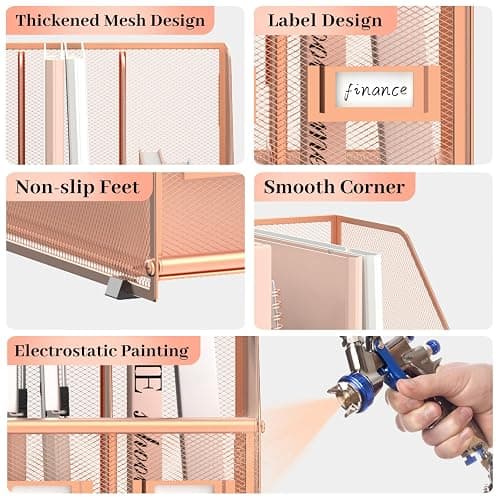 SUPEASY Desk Organizers Metal Desk Magazine File Holder with 5 Vertical Compartments Rack File Organizer for Office Desktop, Home Workspace, Rose Gold, Plus thumbnail 4