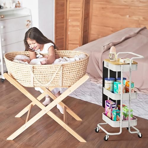 DTK 3 Tier Metal Utility Rolling Cart with Table Top and Side Bags, Metal Tray Storage Organizer Cart with Wheels, Art Craft Cart with 4 Hooks for Kitchen Bathroom Office Living Room (White) thumbnail 9