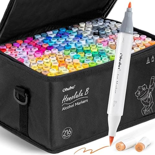 Ohuhu Alcohol Based Brush Markers: Double Tipped Art Marker Set for Artists Adults Coloring Drawing Sketch Illustration - Brush Fine Dual Tip - 216 Colors - 1 Blender - 1 Marker Case - Honolulu - Image 1