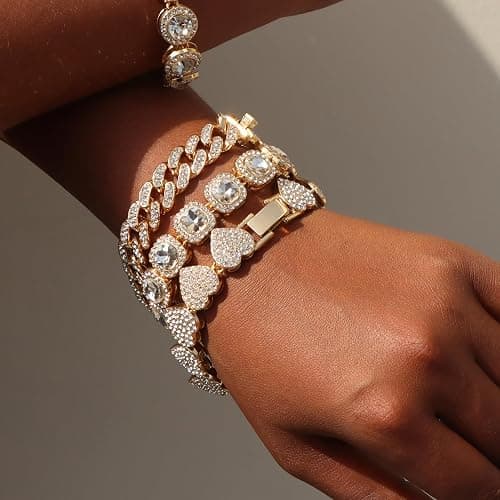 shopbyskyler 4PCS Gold Bracelets for Women Silver Clustered Tennis Bracelet for Women Heart Round Diamond Cuban Bracelet Layered Link Bracelet Set Fashion Jewelry for Women Set thumbnail 3