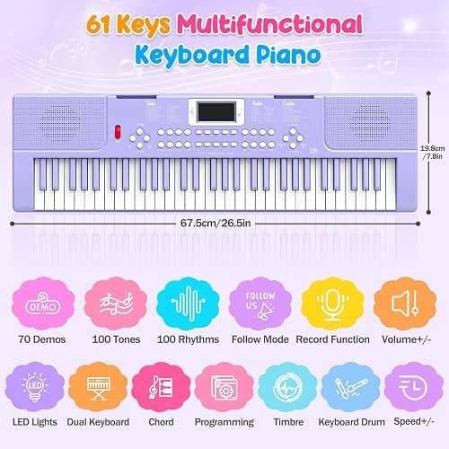 Piano Keyboard, 61 Key Upgrade Kids Pianos Music Toy with Light-up Keys & Pro Teaching Modes, Dual Speaker, 70 Demos,100 Tones, 100 Rhythms Perfect Christmas/Birthday Gift for Kids (Purple) thumbnail 2
