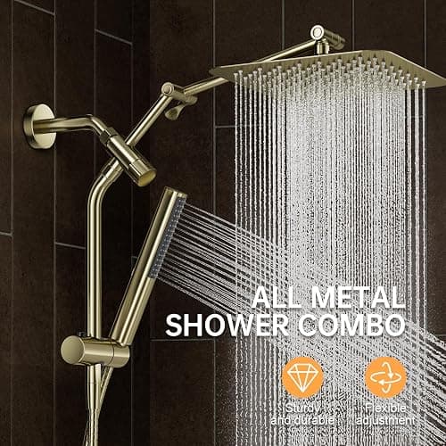 Veken All Metal 10" Shower Head with Handheld, Luxurious Square Double Rain Shower Heads with Spray Combo, Dual High Pressure Detachable Rainfall Showerhead with Extension Arm, Long Hose,Brushed Gold thumbnail 9