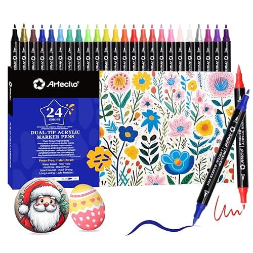 Artecho Acrylic Paint Pens 24 Colors, Dual Tip Acrylic Paint Markers with Brush Tip and Fine Tip for Rock Painting, Glass, Paper, Wood, Egg, Canvas, Ceramic, Fabric, leather, DIY Crafts - Image 1