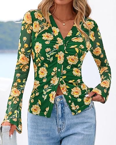 BTFBM Button Down Shirts for Women 2026 Spring Boho Tops V Neck Long Sleeve Blouses Ruched Mesh Fitted Fall Fashion thumbnail 7