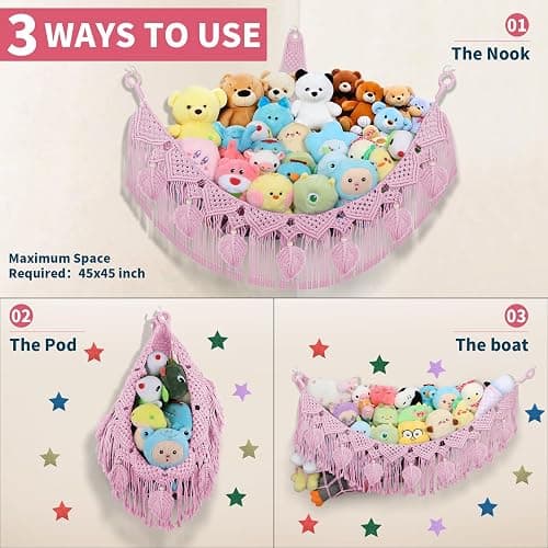 Stuffed Animal Storage Hammock Corner, 56'' Large Stuffed Animal Net Organizer for Teddy Plush Nursery Decor, Boho Macrame Leaf Toy Holder, Light Pink Toy Net w/ LED Star Light for Kid Girl Gift thumbnail 5