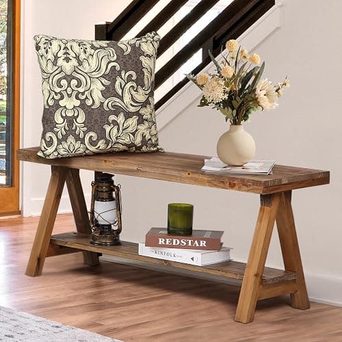 Wnutrees 43" Farmhouse Wood Bench, Long Rustic Indoor Storage Bench for Entryway, Living Room, Dining Room, Solid Wood Construction, Original Wood - Image 1
