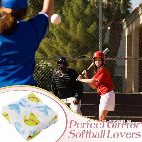 HunnmingRe Softball Blanket 50''x60'', Coquette Blue Bow White Soft Throw Blanket Softball Gifts for Girls Women Team Players Coach Unique Gifts for Sports Lovers thumbnail 5