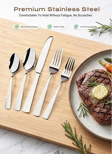 Silverware Set for 8, 45 Piece Stainless Steel Kitchen Utensils Cutlery Set | Gift Package for Wedding Housewarming, Heavy-Duty Steak Knife Fork and Spoon, Dishwasher Safe, Ergonomic Design, Flatware Set thumbnail 5