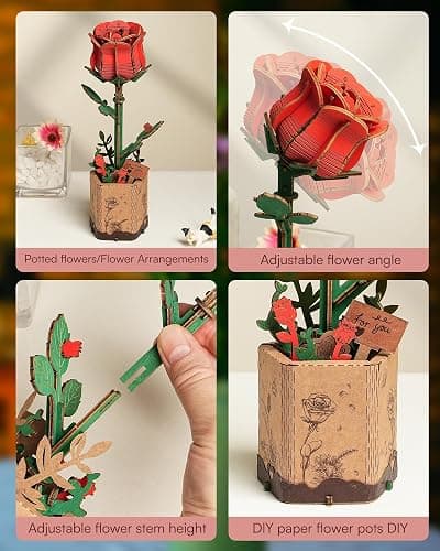 Wowood 3D Flower Wooden Puzzles for Adults-Red Rose, DIY Wooden Flowers Model Kit Building Set Crafts Birthday Gifts Women, Artificial Botanical Collection Creative Gift Ideas/Housewarming (106PCS) thumbnail 6