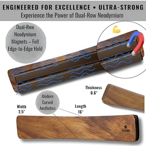 4 YORVOY Magnetic Knife Holder for Wall-16 inches long Kitchen Organizer- No Drilling Knife Magnetic Strip- Compact Utensil Holder- Acacia Wood Knife Rack- Strong Knife Magnet- Easy Installation thumbnail 3