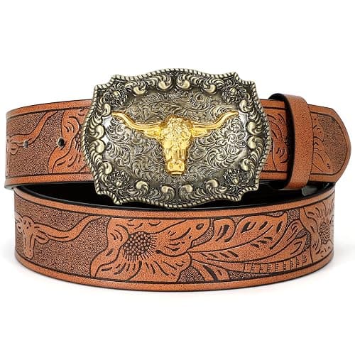 WOWOGO Women Men Western Belts Cowboy Cowgirl Country Belt Longhorn Bull Buckle Floral Embossed Belt for Jeans Dresses - Image 1