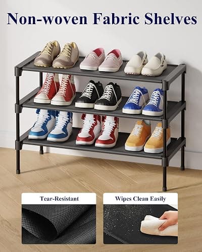Kitsure Shoe Rack - Non-Woven Shoe Rack Shelf, Shoe Organizer for Closet, Entryway, Garage & Corridor, Stackable Shoe Shelves, 27.5" Wide - 3 Tier, Black thumbnail 5
