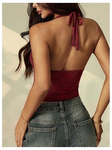 BEAUDRM Women's Y2k Going Out Tops Floral Lace Deep V Neck Halter Tops Tie Backless Sleeveless Party Club Outfits thumbnail 2