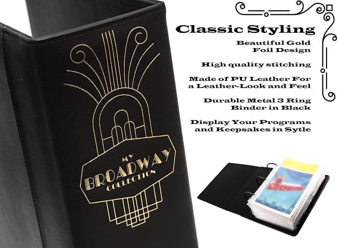 2Fold Binder for Holding Broadway Play Program and Theater Programs with 30 Custom Sheet Protectors - PU Leather - Fits Programs from Mid 1980s to Modern (Black/Gold Foil w/Window) thumbnail 4