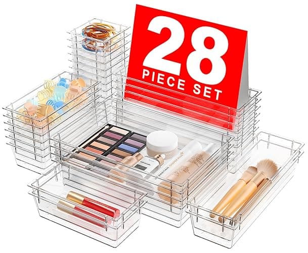 A-LuGei 【Crystal Design】 Clear Drawer Organizer,【Military Grade】 Acrylic Makeup Organizer, Bathroom Organizers and Storage, Organization and Storage, Organizer Bins for Office Vanity Kitchen Bedroom - 28pcs-4size - Clear